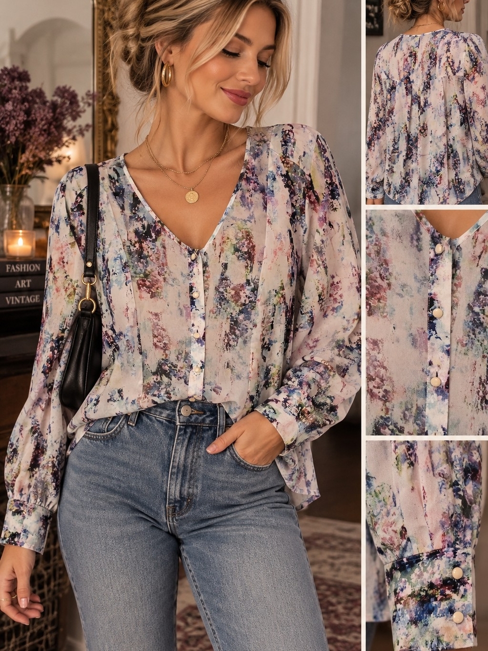 Gianni Bini Multicolor Floral Watercolor V-Neck Blouse